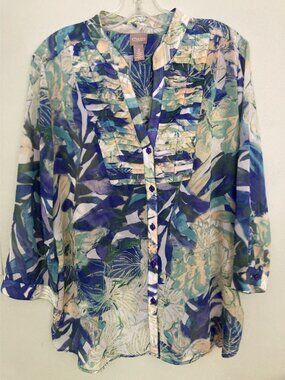 Chicos Floral Print Button-Front Blouse With Pintuck Detail - Size 2 - Lightweig